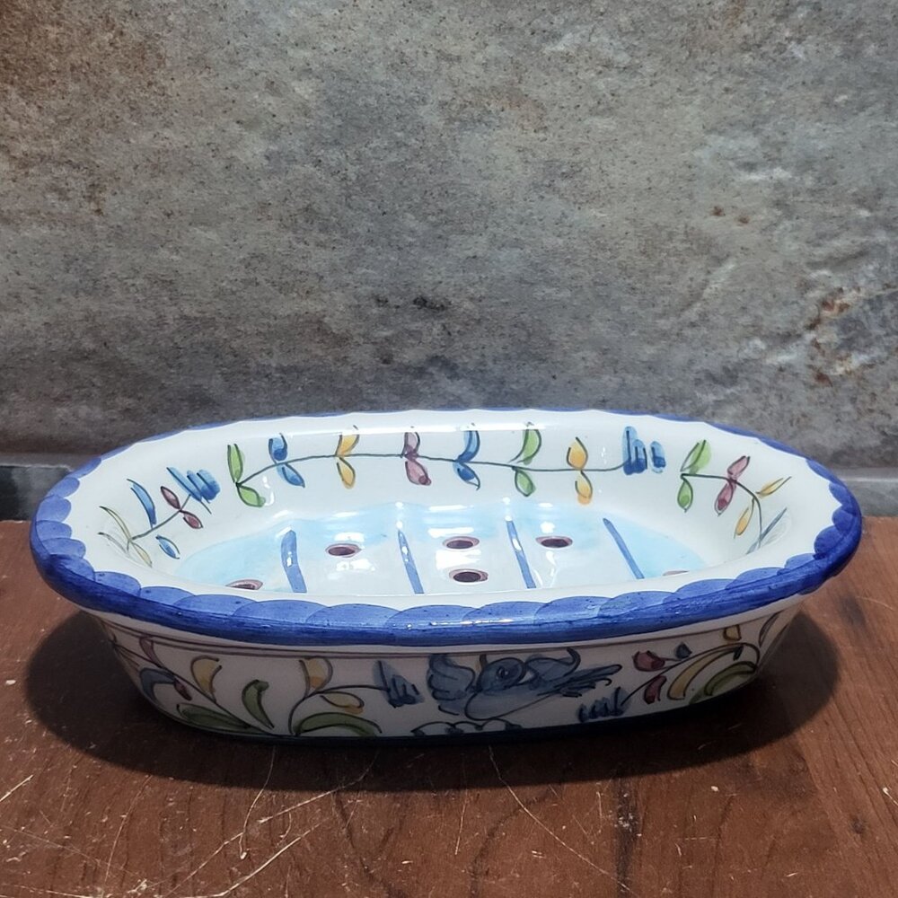 Set of Two Ceramic Soap Dishes Blue White Botanical Design